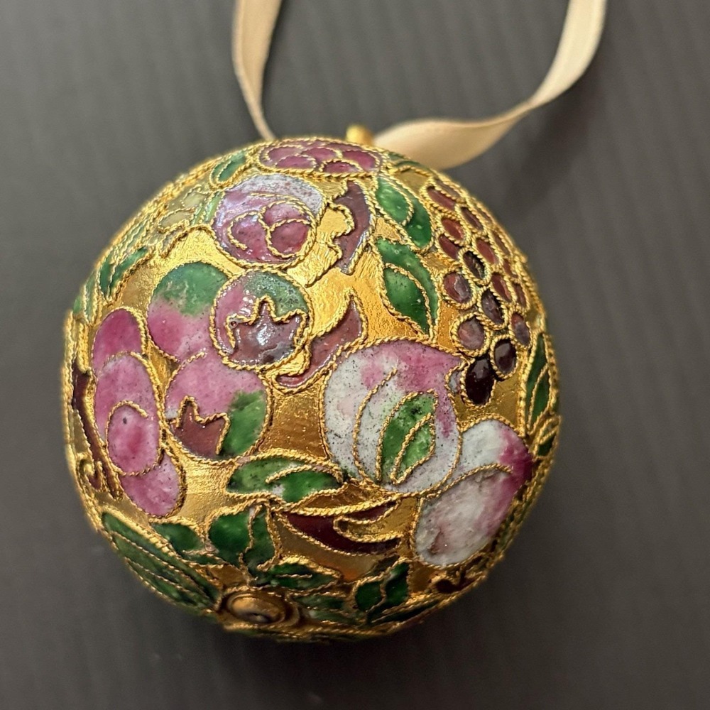 Vintage Cloisonné Floral Enamel Christmas Ornament Ball Yellow Purple Gold Tone